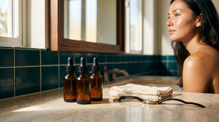 Amber skincare bottles arranged on a bathroom counter beside soft, glowing skin in soft focus