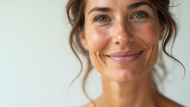 Close-up of woman's face showing shiny T-zone and tight skin around cheeks, illustrating the dehydration paradox in combination skin