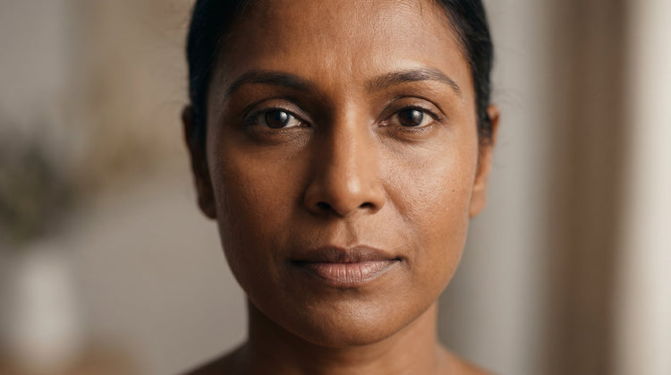 44-year-old South Asian Australian non-binary person with dark brown skin and slim build, close-up portrait in warm natural light, calm expression, natural skin texture visible