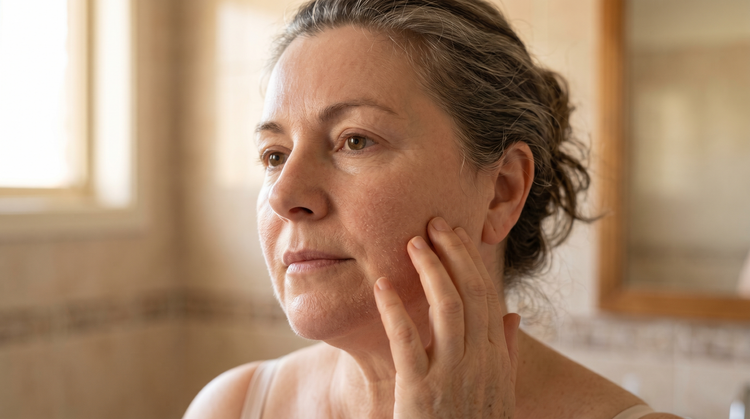 59-year-old Southern European Australian woman with fair skin gently touching her cheek in natural light, skin texture visible showing dryness