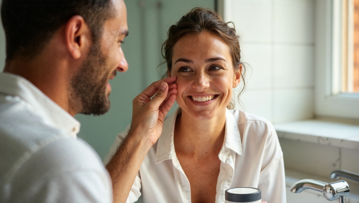Woman in her late thirties applying Pro-Collagen Banking Cream to her face in bright bathroom with natural lighting, product jar visible on marble counter