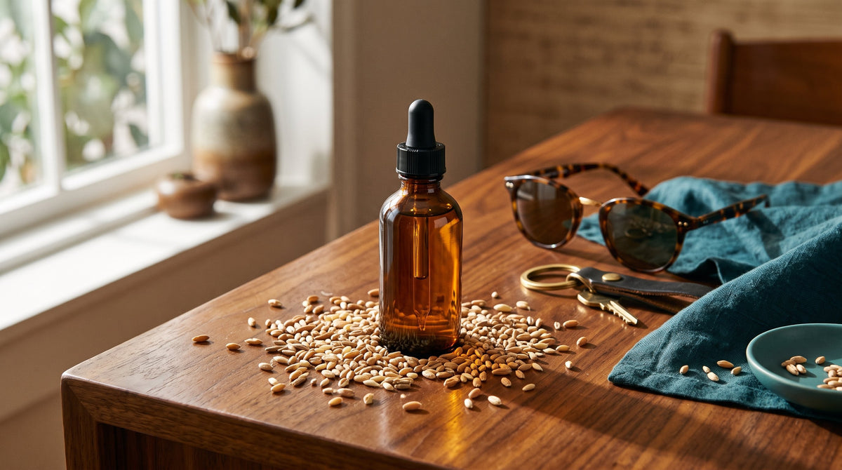 Amber azelaic acid serum bottle surrounded by wheat, barley and rye grains