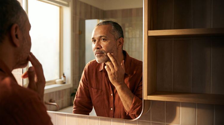 52-year-old African Australian man with fair skin examining his face in a bathroom mirror in warm natural light