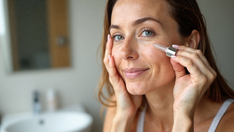 Woman's hands applying Medik8 Niacinamide Peptides serum to her cheek using pressing motion in natural bathroom lighting