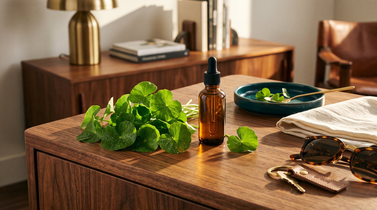 Fresh centella asiatica leaves beside a skincare bottle representing cica ingredient skincare