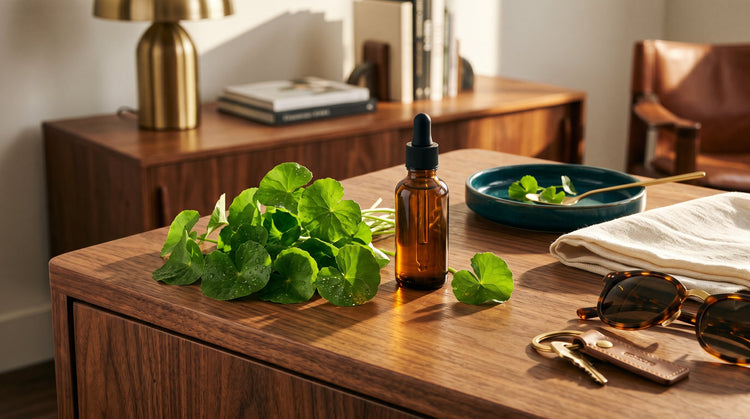Fresh centella asiatica leaves beside a skincare bottle representing cica ingredient skincare