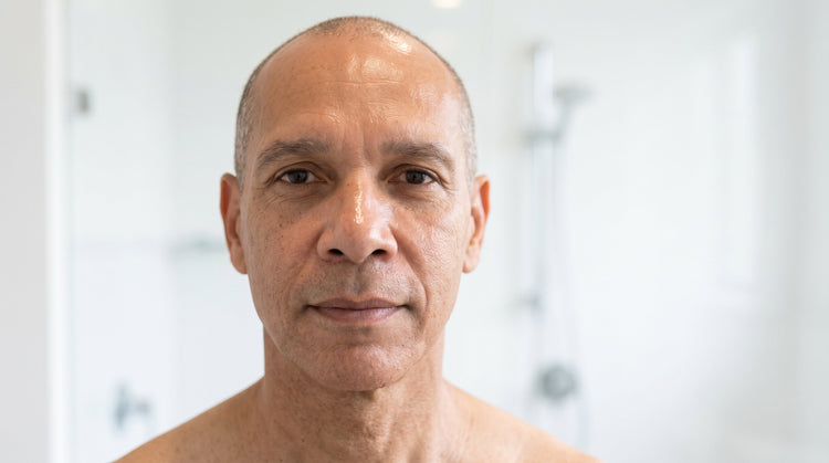 58-year-old African Australian man with fair skin and slim build, close-up portrait showing T-zone shine on forehead and nose in bright bathroom lighting