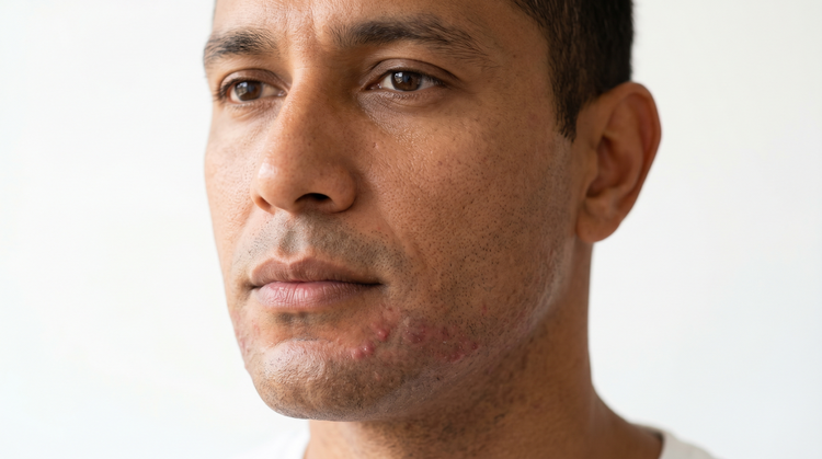 37-year-old Southern European Australian man with slim build and brown skin, close-up portrait showing slight redness and inflammation near the jawline, soft natural light