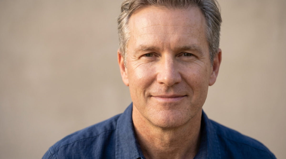 54-year-old Northern European Australian man with fair skin photographed in warm natural light, showing healthy luminous skin texture in a close-up portrait