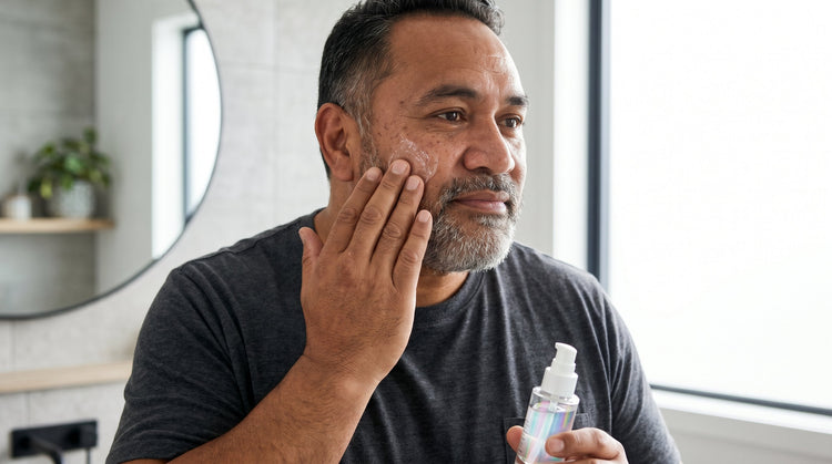 55-year-old Pacific Islander Australian man with brown skin applying a clear serum to his cheek in a bright bathroom, product bottle visible in hand