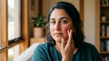 38-year-old South Asian Australian woman with olive skin and plus-size figure gently touching her cheek, showing mild facial redness across the cheeks and nose in soft natural light