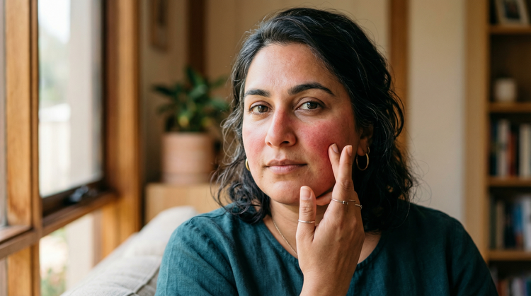 38-year-old South Asian Australian woman with olive skin and plus-size figure gently touching her cheek, showing mild facial redness across the cheeks and nose in soft natural light
