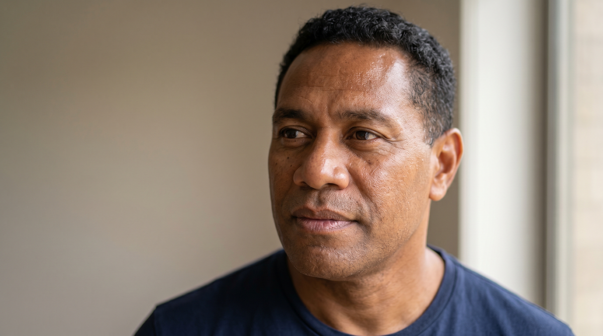 49-year-old Pacific Islander Australian man with brown skin and slim build, close-up portrait showing slight shine on forehead and cheeks with a calm expression in natural side lighting