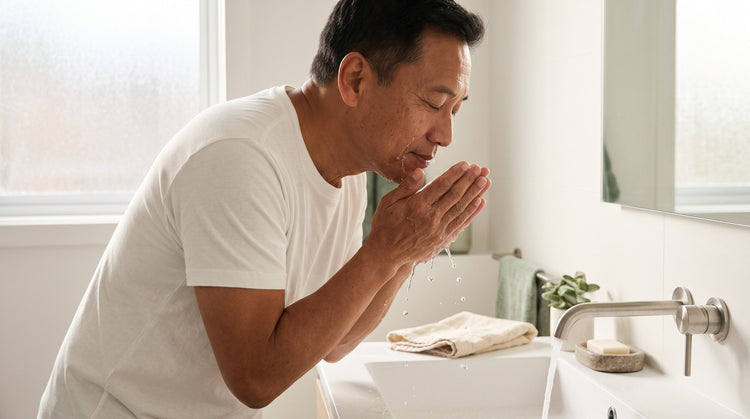 Man rinsing face with cool water as part of a gentle morning cleansing routine