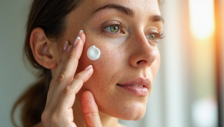 Woman in her late 30s applying Pro-Collagen Banking Serum to her cheekbone, demonstrating the layering technique for maximum collagen preservation and production