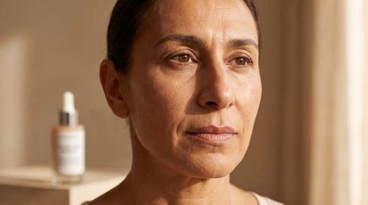 59-year-old Middle Eastern Australian non-binary person with medium skin tone and athletic build, close-up portrait showing natural skin texture and fine lines in warm natural light