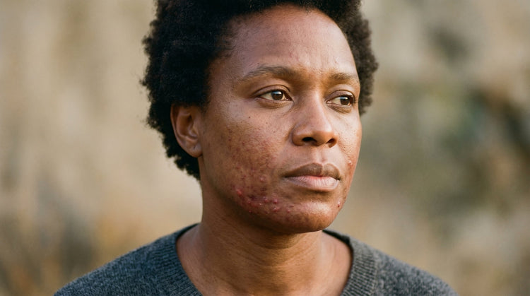 40-year-old African Australian non-binary person with dark brown skin looking thoughtfully into camera, jawline showing signs of acne inflammation in warm natural light