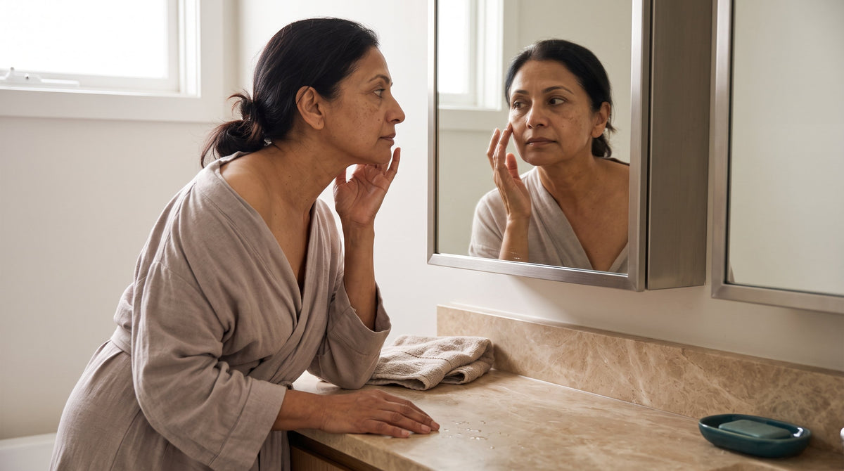 Woman examining fine lines around her eyes in soft, warm natural light