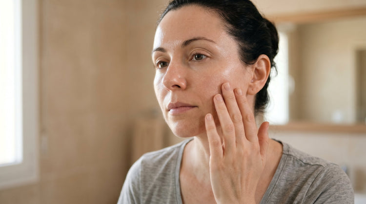 39-year-old Southern European Australian woman with very fair skin touching her cheek in soft morning light, skin showing the subtle shine and tightness characteristic of dehydration