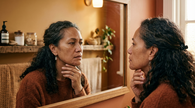53-year-old Pacific Islander Australian woman with medium skin tone examining her jawline in a bathroom mirror in warm autumn light, showing subtle blemishes along the jaw