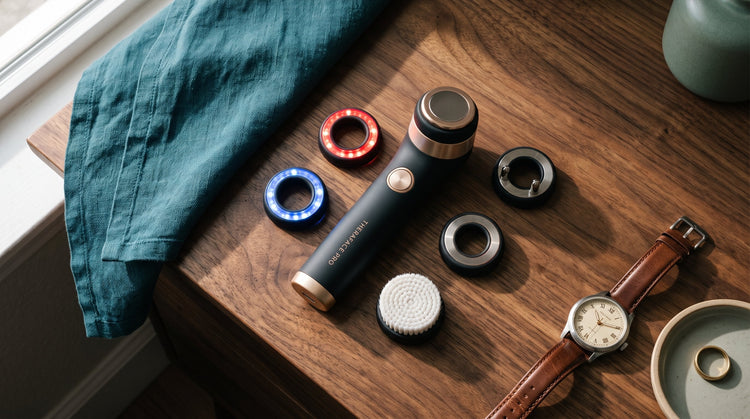 TheraFace PRO handle with its interchangeable red LED, microcurrent, and percussive attachments laid out.