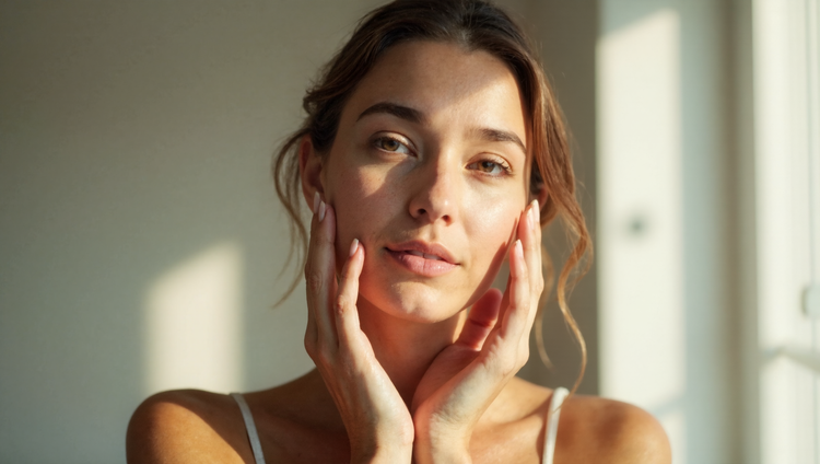 Woman in her early thirties with clear skin touching her cheek thoughtfully in natural lighting