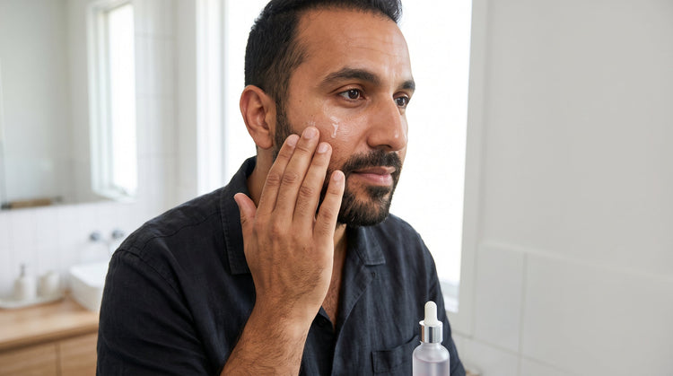 37-year-old Middle Eastern Australian man with brown skin applying a clear face serum to his cheek in a bright bathroom with soft natural light
