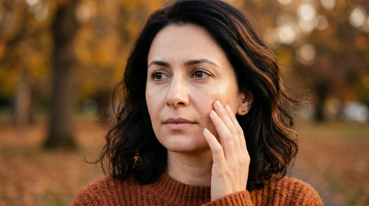 41-year-old Middle Eastern Australian woman with fair skin gently touching her cheek in warm autumn light, examining her skin texture