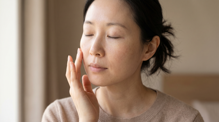 39-year-old East Asian Australian woman with very fair skin gently touching her cheek with her eyes closed, soft natural light, calm expression