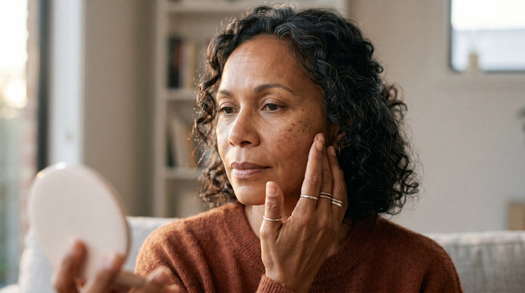 58-year-old African Australian woman with olive skin examining her cheek in warm natural light, showing subtle uneven skin tone