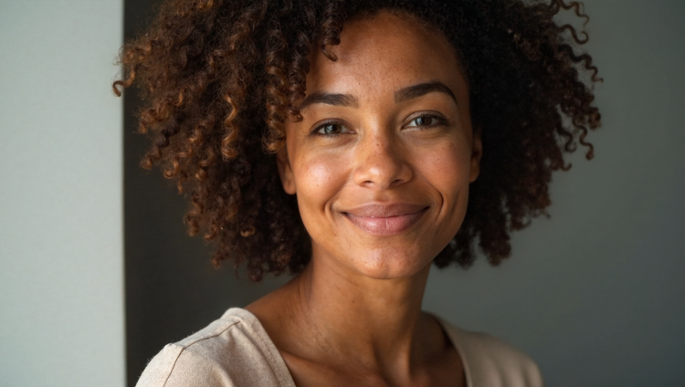 Woman in her 40s with healthy skin looking directly at camera in natural lighting showing skin texture and radiance