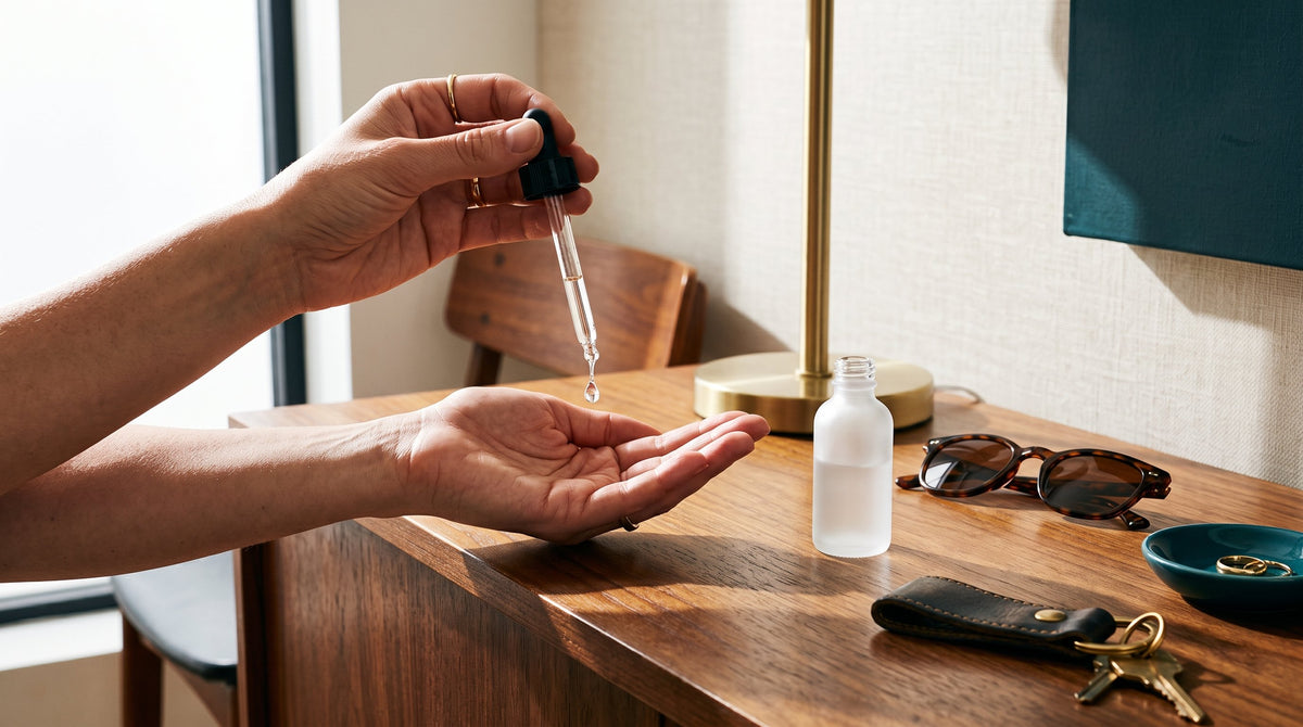 Niacinamide serum bottle resting against skin, representing a professional skincare routine