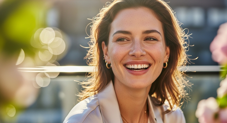 Editorial beauty portrait of a woman in her 30s with glowing, dewy skin, smiling naturally in soft spring light — showcasing the fresh, hydrated effect of hyaluronic acid skincare.