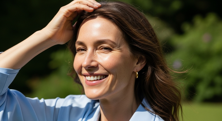 a woman in her 40s with glowing spring skin