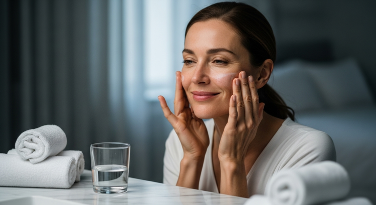 A serene woman with closed eyes gently massages cream onto her face while wearing white pajamas, seated at a marble counter with a glass of water and rolled towels in a softly lit room.