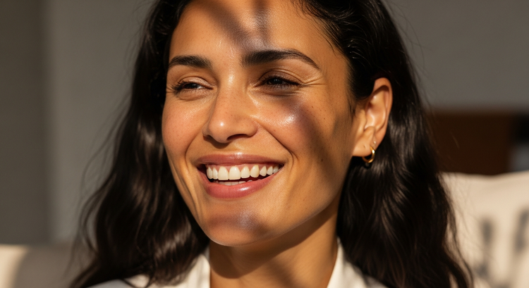 A woman with glowing, radiant skin, laughing in a festive setting.