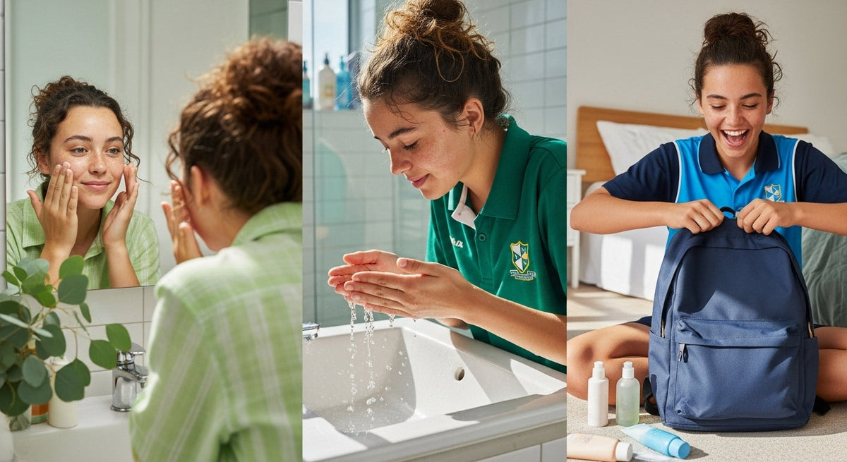 Australian teens starting school with fresh skin routines — SPF, cleansing, smiles and natural light. Real skin, real confidence.