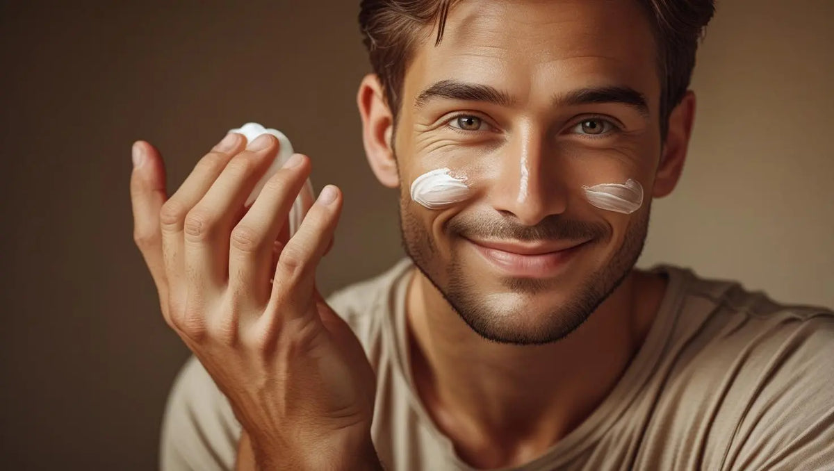 Man applying moisturiser to his face as part of a simple men’s skincare routine — perfect Father’s Day gift idea.