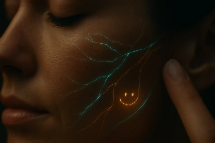 Close-up of a woman’s cheek with glowing neural pathways illuminated by touch, symbolising the skin-brain connection in neurocosmetic skincare.