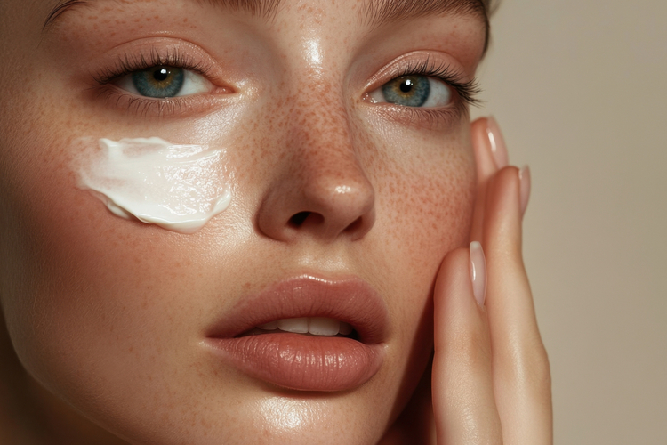 Woman applying serum to clean, hydrated skin as part of a layered skincare routine using the Skin-Soak Method