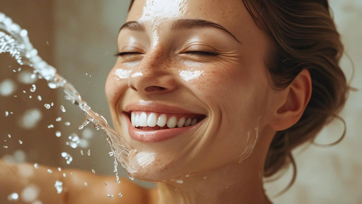 woman applying cleanser to her face