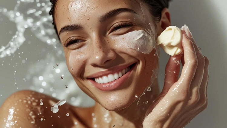 Close-up of a Caucasian woman in her 30s with glowing skin, happily applying exfoliant in natural light.